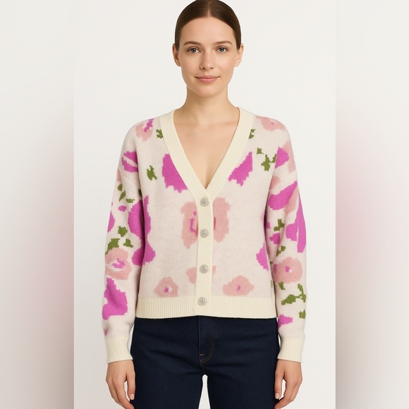 143 Story by Line Up Floral Knit Cardigan Sweater Small Pink Green Ivory NWT - Picture 1 of 9
